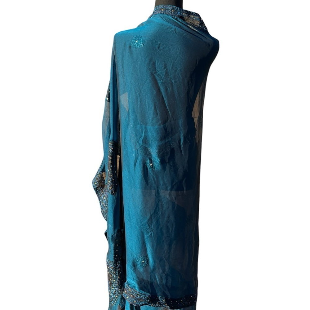 Teal chiffon women’s multi use skirt/shawl. OS W/ black gold ribboned edge - Picture 2 of 5
